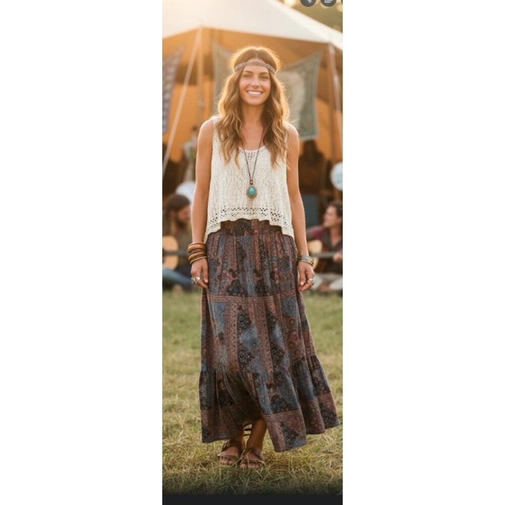 Metro Wear Boho Maxi Skirt Blue & Red Heritage Print Size Medium